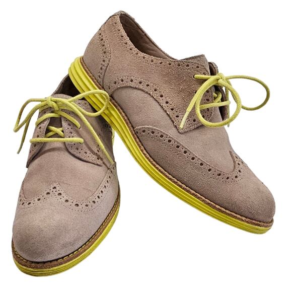 Cole Haan Shoes Womens Size 5.5 Tan Wingtip Oxford Suede Lace Up Chartreuse - Picture 1 of 15